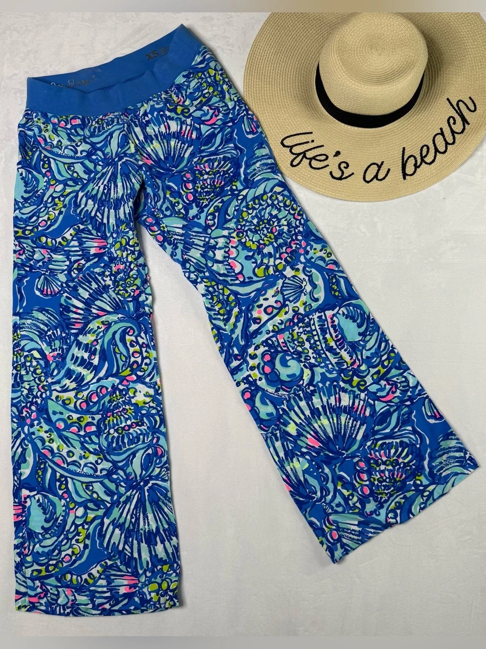 Yoga Waist Blue Floral Shell Print Wide Leg Lilly Pulitzer Lounge Bottom Size XS